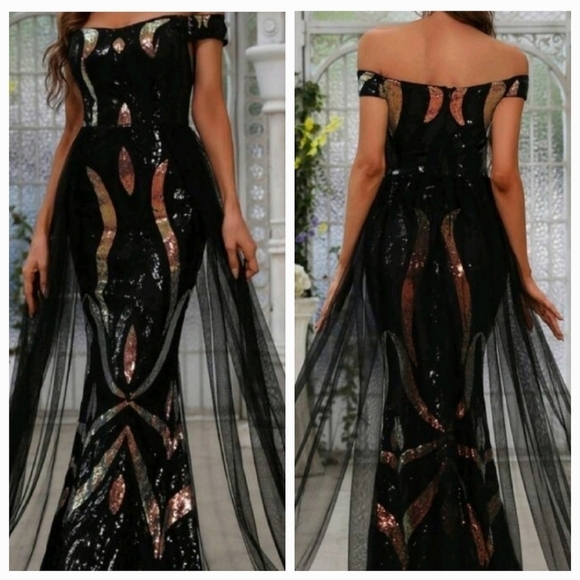 Black off the shoulder Contrast Mesh and Contrast Sequined  Mermaid Maxi… - Picture 1 of 11